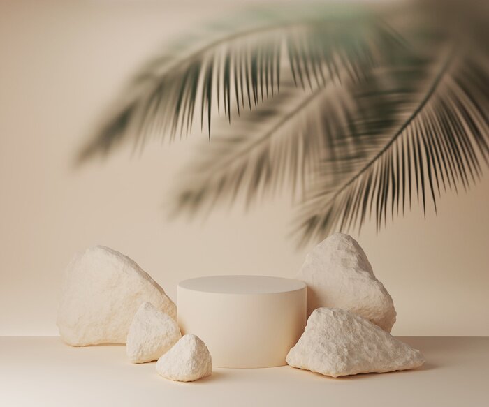 Bild 3D beige podium display with palm leaf behind frosted glass. Summer pastel background with stones and cylinder pedestal for product promotion. Beauty holiday mockup. 3D render trendy banner template 