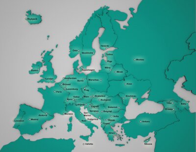 3D-Europakarte mit Hauptstädten in türkis