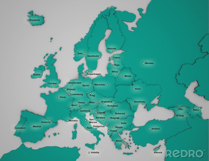Bild 3D-Europakarte mit Hauptstädten in türkis