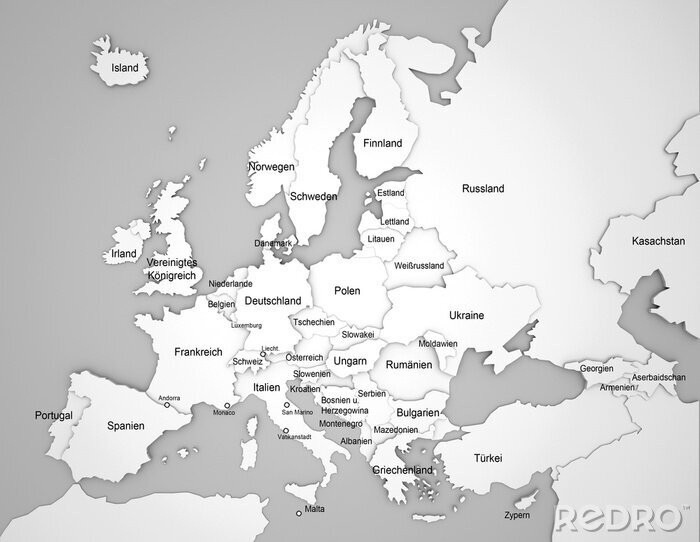 Bild 3D-Europakarte mit Ländernamen in English