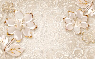 Sticker 3d illustration, beige ornamental background, large white abstract gilded flowers