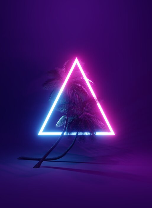 Bild 3d-Palmen in einem leuchtenden Dreieck