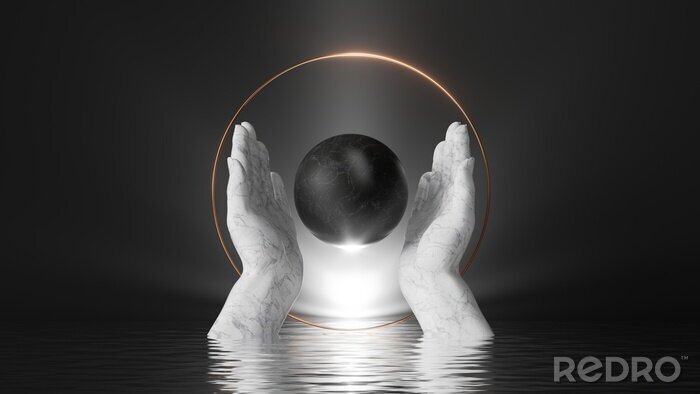 Bild 3d render, abstract black background with white marble hands hold black stone ball, inside golden round frame; bright shining light and reflections in the water. Modern minimal scene