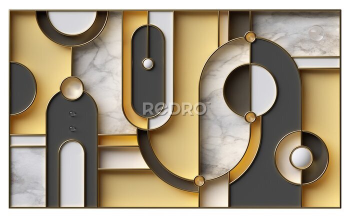 Bild 3d render, abstract geometric background with black yellow curvy shapes, white marble texture and golden lines. Art deco wallpaper