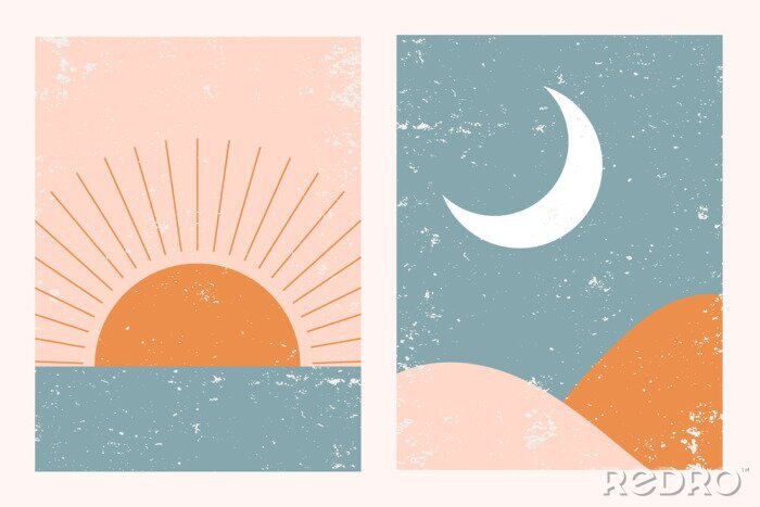 Bild Abstract contemporary aesthetic background landscape set with Sun, Moon, sea, mountains. Earth tones, pastel colors. Boho wall decor. Mid century modern minimalist art print. Flat abstract design.