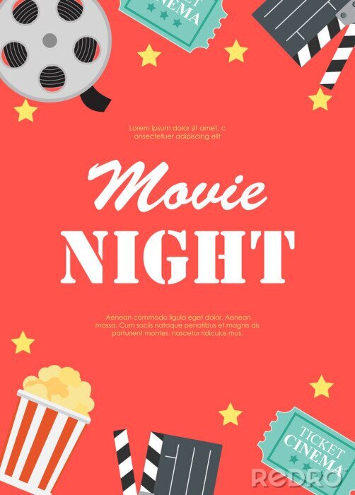 Bild Abstract Movie Night Cinema Flat Background with Reel, Old Style Ticket, Big Pop Corn and Clapper Symbol Icons. Vector Illustration