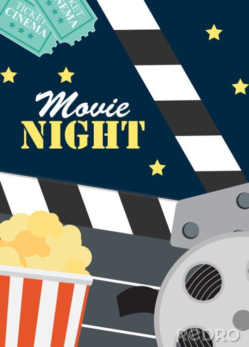 Bild Abstract Movie Night Cinema Flat Background with Reel, Old Style Ticket, Big Pop Corn and Clapper Symbol Icons. Vector Illustration