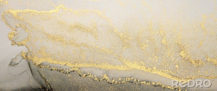 Bild Abstract paint gold and black blots horizontal background. Alcohol ink colors. Marble texture.