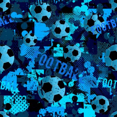 Tapete Abstract seamless football pattern for boys. Sport football pattern. Grunge sport urban backdrop with football ball. Sport wallpaper on black background with multicolor spots. Repeated pattern.