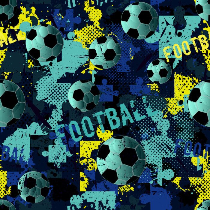 Bild Abstract seamless football pattern for boys. Sport football pattern. Grunge sport urban backdrop with football ball. Sport wallpaper on black background with multicolor spots. Repeated pattern.