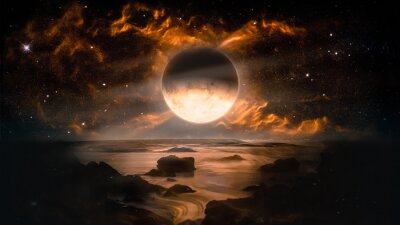 Abstrakte Landschaft mit einem brennenden Mond am Himmel