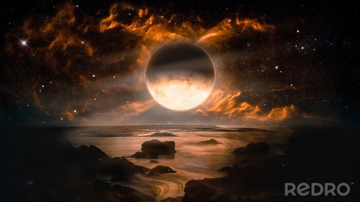Bild Abstrakte Landschaft mit einem brennenden Mond am Himmel