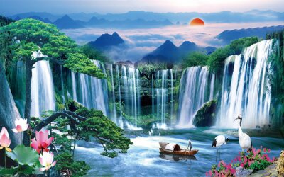 Bild Abstrakte Landschaft Wasserfall vor Bergen