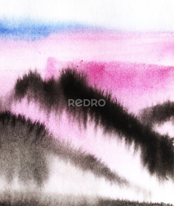 Bild Abstrakte Montierungslandschaft in einem Sonnenuntergang oder in einem Sonnenaufgang. Schwarze Linien von Bergen und von blauem und rosa Himmel auf einem weißen Hintergrund. Abstrakte Hand gezeichnet.