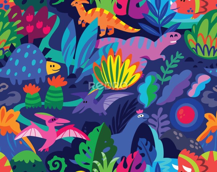 Bild Abstraktes Muster mit Dinosauriern und bunten Pflanzen