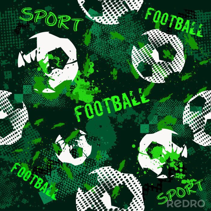 Bild Abstraktes nahtloses Fußballmuster für Jungen. Sport-Fußball-Muster. Städtischer Hintergrund des Grunge Sports mit Fußballball. Sporttapete auf schwarzem Hintergrund mit Mehrfarbenspots. Wiederholtes 