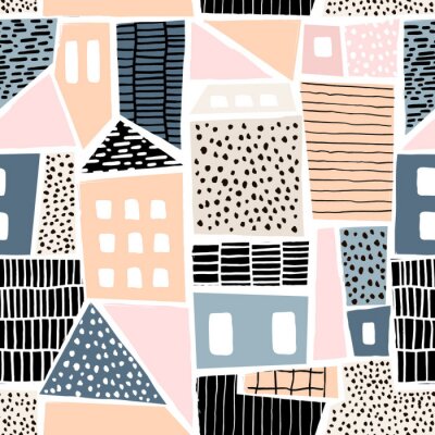 Abstraktes nahtloses Muster mit Häusern mit Hand gezeichneten Texturen und Formen. Vervollkommnen Sie für fabric.textile, Tapete. Vektor-Illustration
