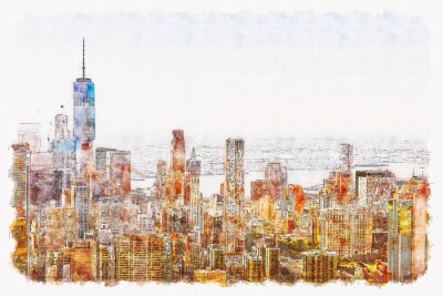 Bild Aerial view of lower Manhattan New York City watercolor painting