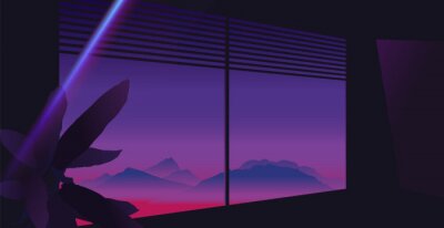Bild Aesthetic louver window mountain view with tropical plant, neon purple and pink sky, dark room ambient with glow light leak flare, 80s summer vibe