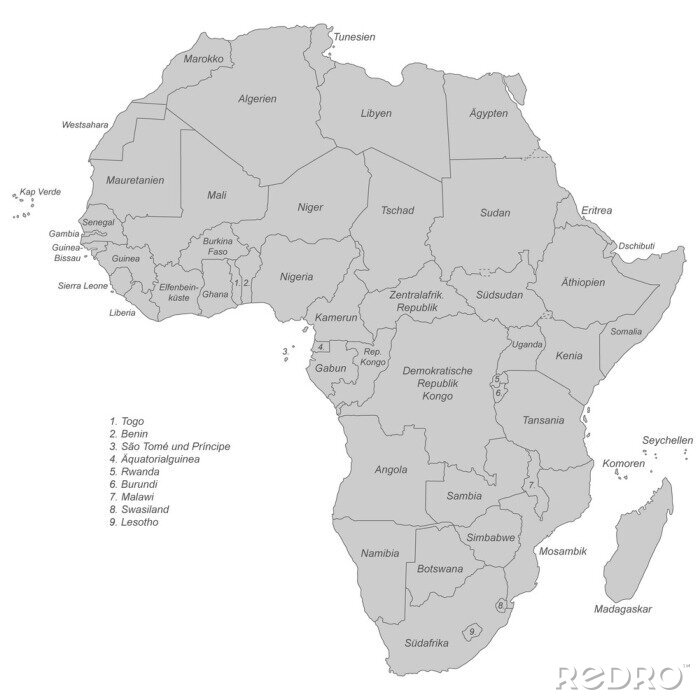 Bild Afrika schwarz-weiß in Länder aufgeteilt