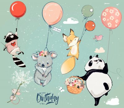 An bunten Luftballons hängende Tiere