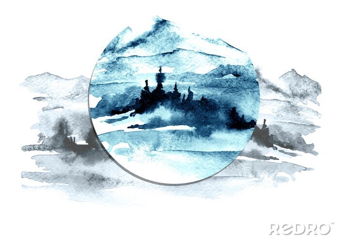 Bild Aquarell Bild der Berge, Wald mit Pinien, Tanne, Zeder. Abstrakte Vintage-Spots von schwarz, weiß, blau. Auf einem weißen hintergrund. Postkarte, Bild, Poster, Logo.