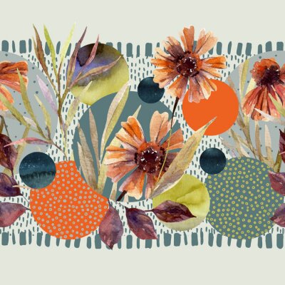 Bild Aquarell-Blumen auf geometrischem Hintergrund