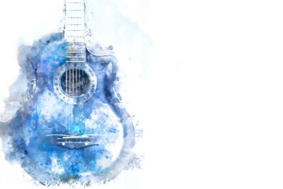 Fototapete Aquarell einer blauen Gitarre auf weißem Hintergrund