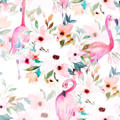 Aquarell-Flamingos und Blumen auf einem hellen Muster