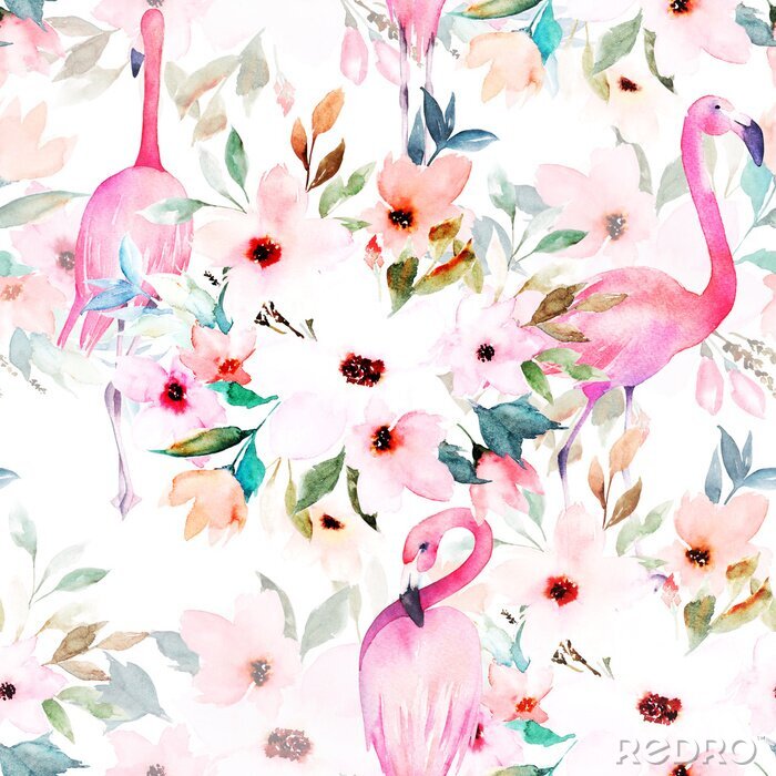 Bild Aquarell-Flamingos und Blumen auf einem hellen Muster