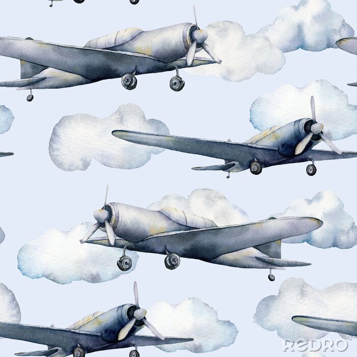 Bild Aquarell-Flugzeuge vor dem Hintergrund eines blauen Himmels mit Wolken
