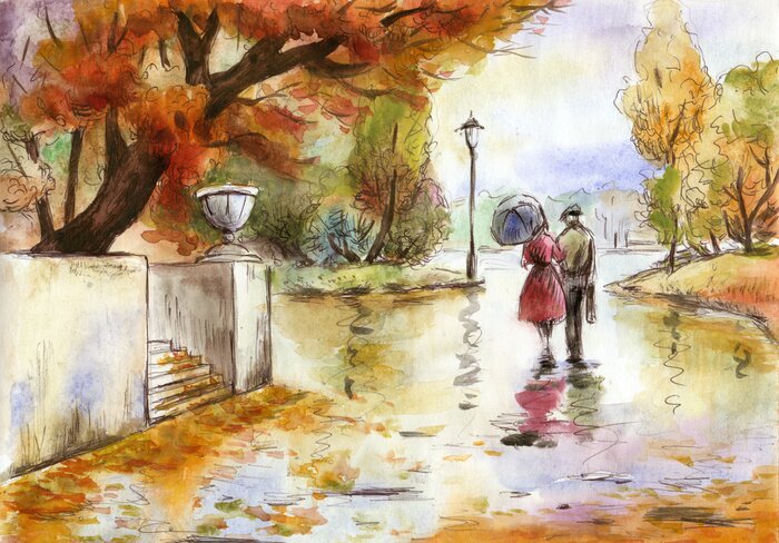 Bild Aquarell handgemalte Gemälde Landschaft mit einem Paar im Herbst Park