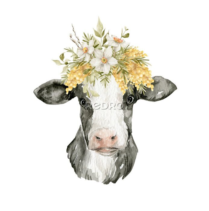 Bild Aquarell-Kuh mit Blumenstrauß auf dem Kopf
