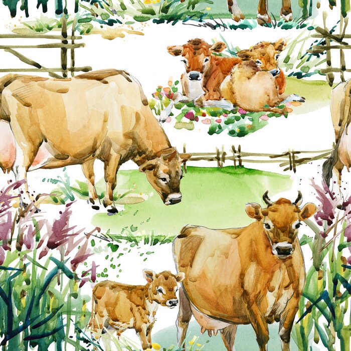 Bild Aquarell-Muster mit Milchkühen auf der Lichtung
