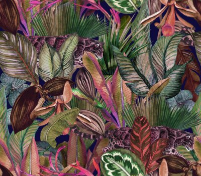 Aquarell-Muster Wildkatze inmitten von tropischen Blättern