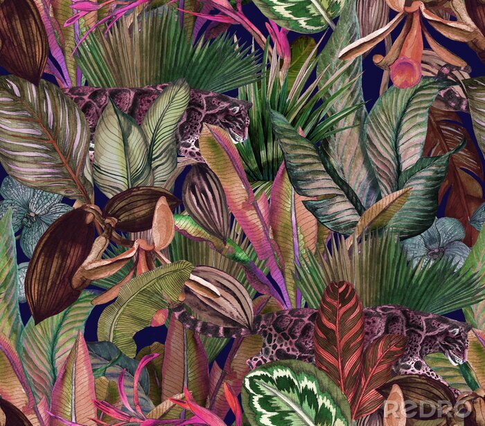 Bild Aquarell-Muster Wildkatze inmitten von tropischen Blättern