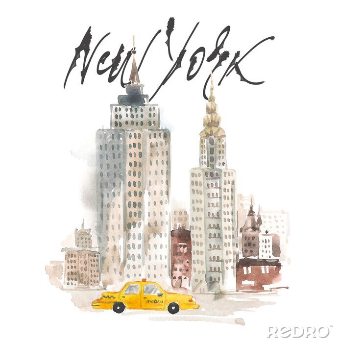 Bild Aquarell: New Yorker Wolkenkratzer mit einem gelben Taxi
