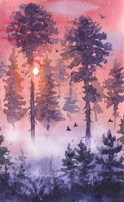 Bild Aquarell Sonnenuntergang im Wald