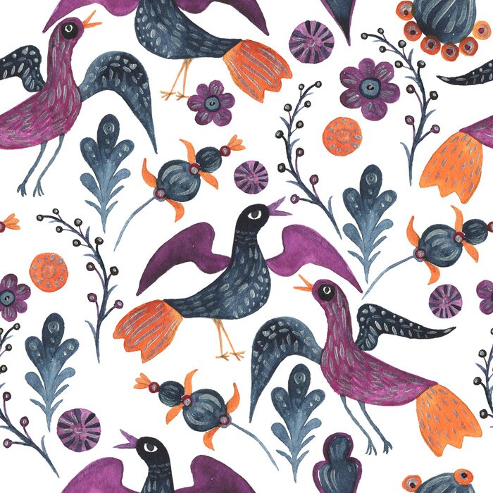 Bild Aquarellmalerei Helle Blumen Blumenrussisch schöne Volksverzierung mit Vogel.