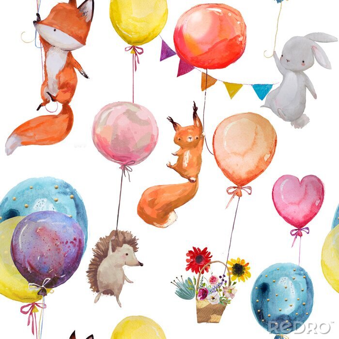 Bild Aquarelltiere und bunte Luftballons