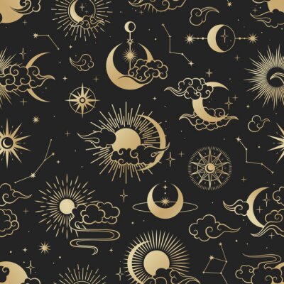 Asian seamless pattern with clouds, moon, sun, stars . Vector collection in oriental chinese, japanese, korean style. Line hand drawn on black background.