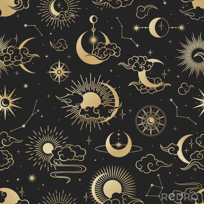 Bild Asian seamless pattern with clouds, moon, sun, stars . Vector collection in oriental chinese, japanese, korean style. Line hand drawn on black background.