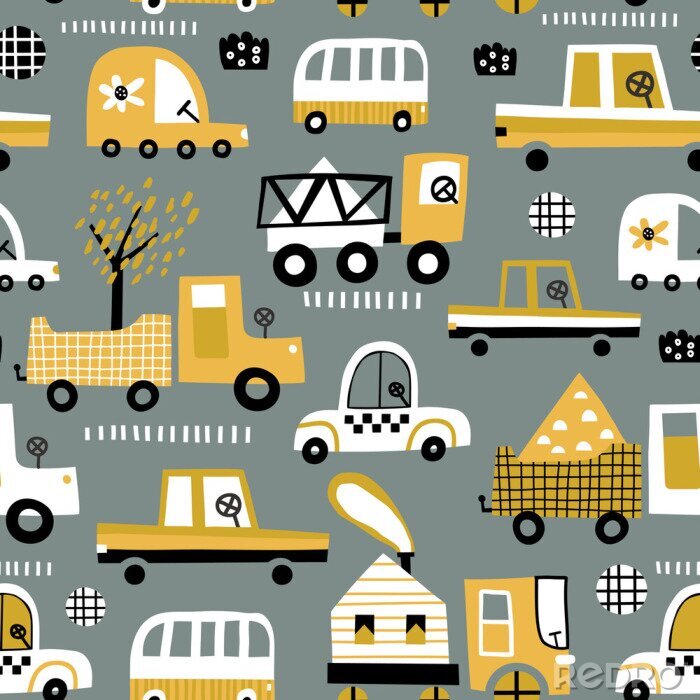 Bild Baby seamless pattern with hand drawn cute car. Perfect for kids fabric, textile, nursery wallpaper. Vector seamless pattern with doodle toy cars.