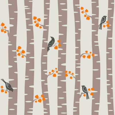 Bäume und Vögel im Herbstwald