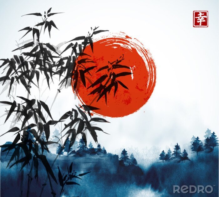 Bild Bambusbäume, Wald im Nebel und große rote Sonnenhand gezeichnet mit Tinte.  Traditionelle orientalische Tuschemalerei sumi-e, u-sin, go-hua.  Enthält Hieroglyphe - Glück.