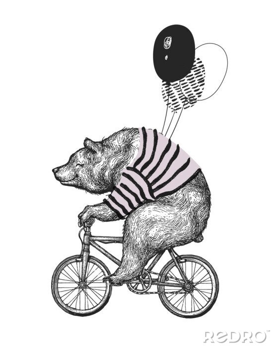 Bild Bear Ride Bicycle Balloon T-shirt Print. Vintage Mascot Cute Fun Grizzly Cycle Bike Isolated on White. Blackwork Tattoo Animal Character Black Sketch. Outline Grunge Teddy Flat Vector Illustration
