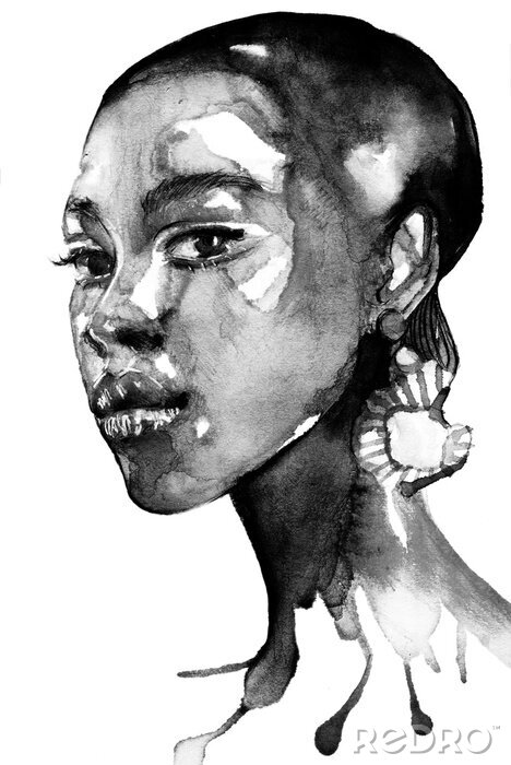 Bild Beautiful African american black woman portrait in watercolor with splatter black and white