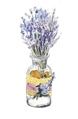 Bild Beautiful bouquet of lavender in a glass bottle. Watercolor illustration on white background