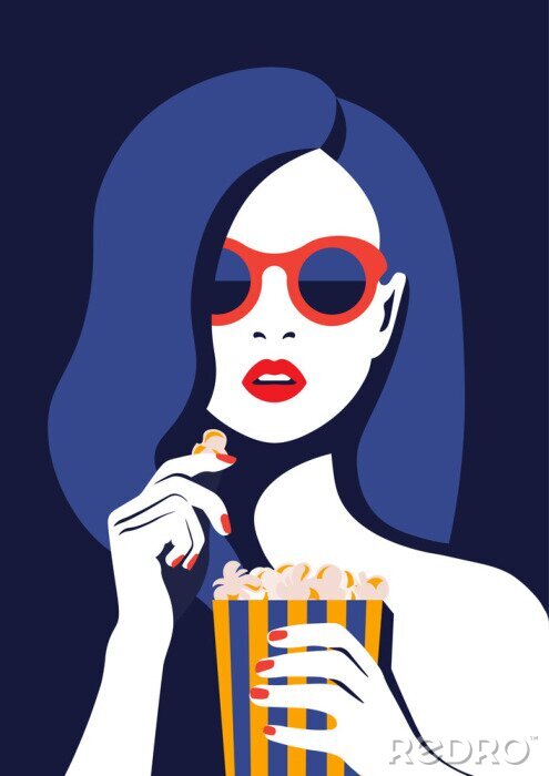 Bild Beautiful girl in glasses eats popcorn and watches a movie. Portrait of a young woman with open mouth. Vector illustration in flat style