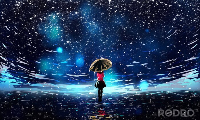 Bild Beautiful Night Sky with Falling Rain and Umbrella Girl Illustration